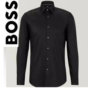 BOSS Black Slim-Fit Stretch Cotton Dress Shirt H Hank Kent C1 Size 17.5 Black